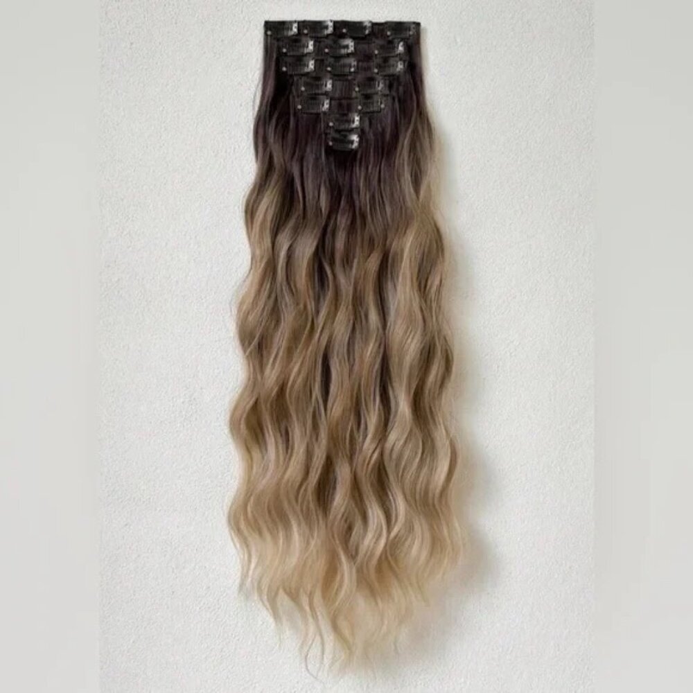 22 in Water Wave Brown to Ash Blonde Balayage Clip in Hair Extensions Set - Picture 8 of 8
